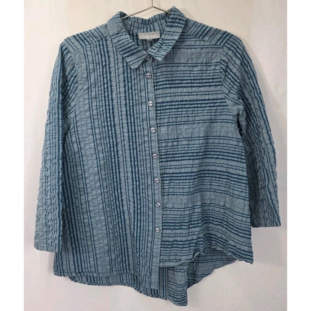 Habitat Med Aqua Blue Striped Sear Sucker Back Buttons Asymmetric Hem Lagenlook